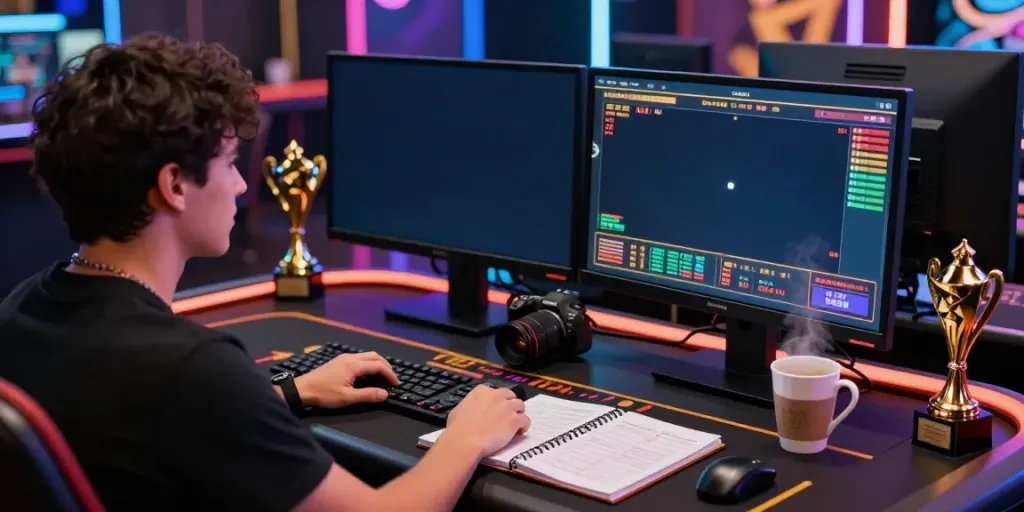 Engaging player at https://net88.broker/ live casino setup with dual screens and vibrant lighting.
