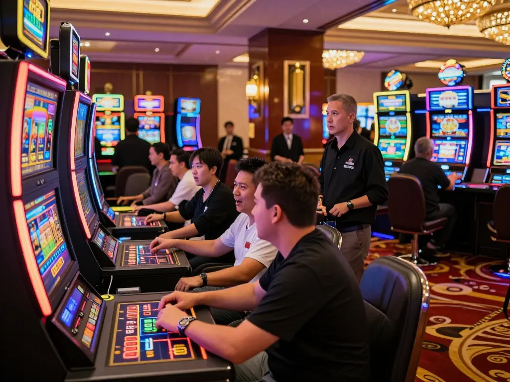 Players enjoying vibrant slot machines at rr88 casino, capturing excitement and rich atmosphere