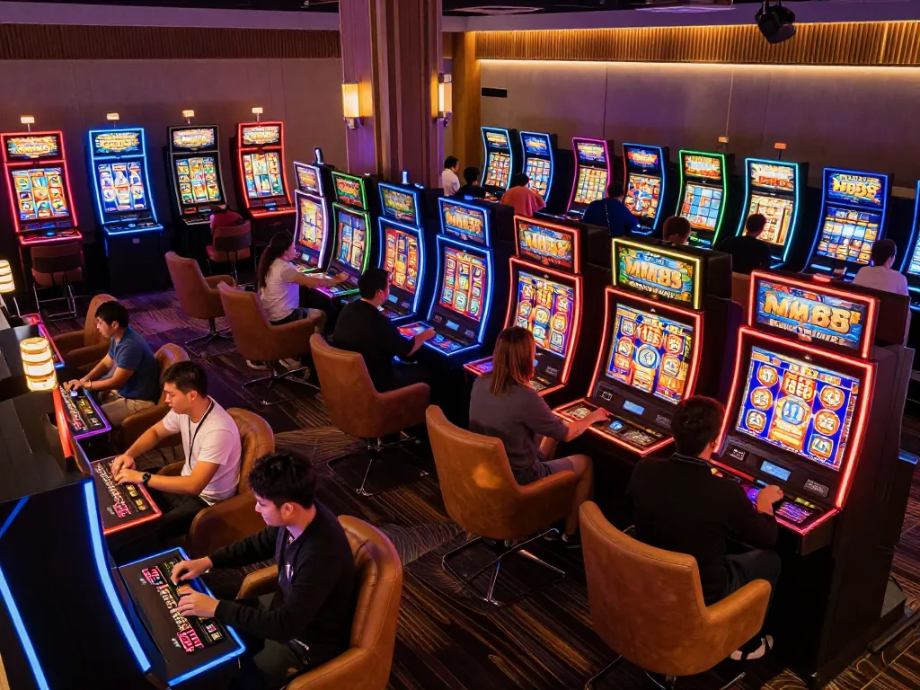 Players enjoying exciting MM 88 slot games in a colorful online gaming atmosphere filled with vibrant lights.