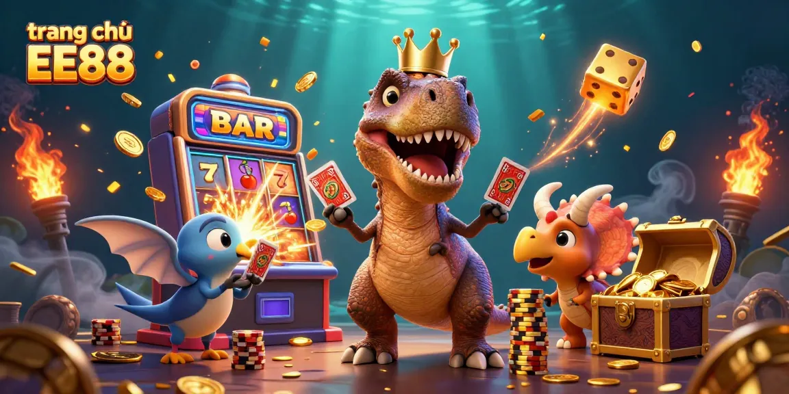 Play exciting games at trang chủ EE88, where a cartoon T-Rex shuffles cards and piles of golden chips await.