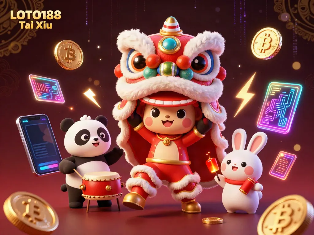 Experience LOTO188 Tai Xiu in a vibrant lion dance scene with crypto elements, capturing the thrill of gaming.