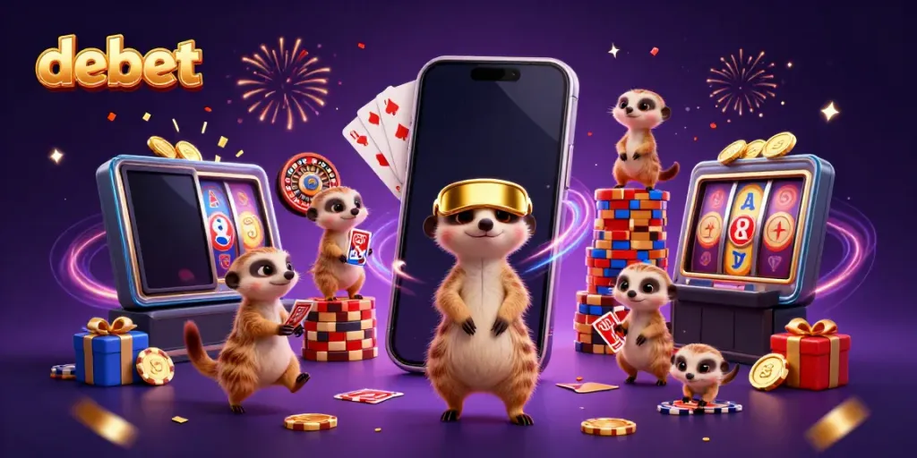 Experience debet's exciting casino world with meerkats in a colorful gambling illustration.