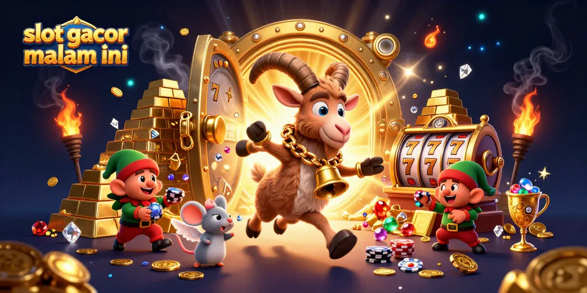 Spin the reels and uncover treasures in a vibrant "slot gacor malam ini" casino scene filled with festive characters.