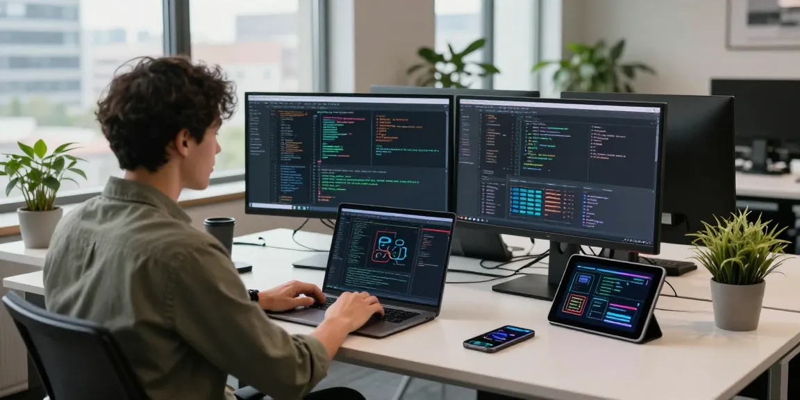 快连 software developer working in a modern tech workspace with multiple screens displaying code and networking elements.