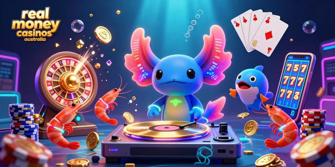 Experience real money casinos Australia with an axolotl DJ and dynamic casino elements in a vibrant underwater scene.