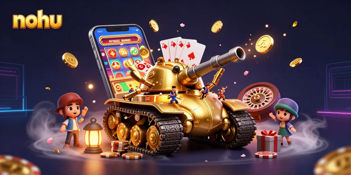 Nohu's 3D cartoon illustration showcases a golden beetle tank casino, bursting with confetti and coins.