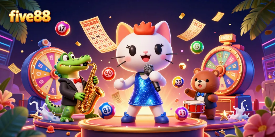 Engaging five88 casino scene with a jazz-singer cat, saxophone-playing crocodile, and lottery elements.