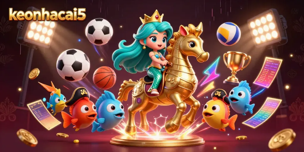 Engage with keonhacai5's vibrant scene of a mermaid princess riding a golden armored seahorse amidst dynamic sports betting elements.