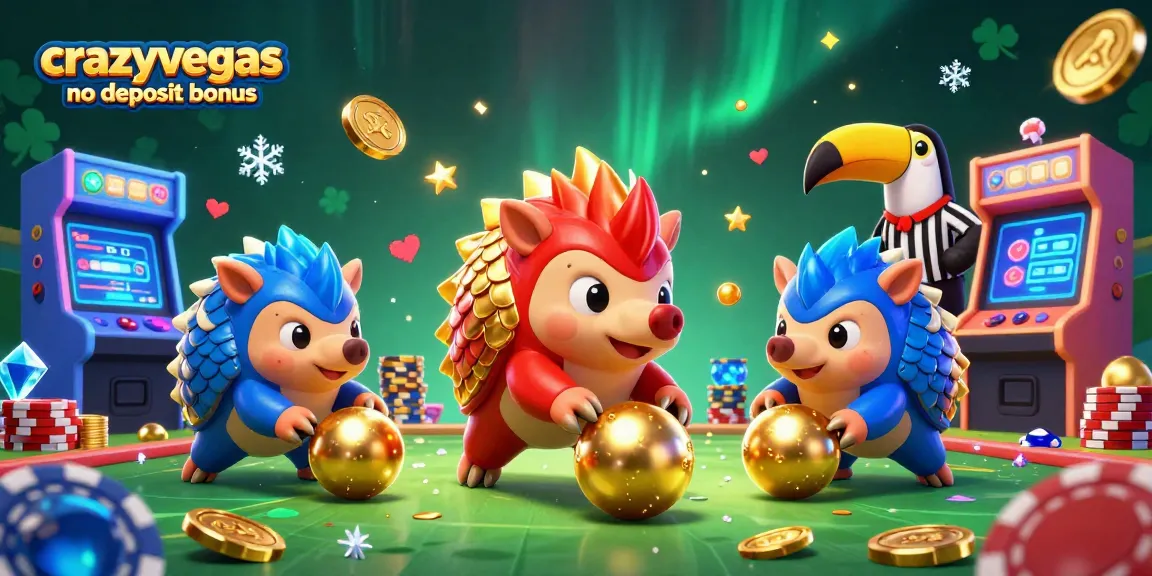 Experience the thrill of the crazyvegas no deposit bonus with animated pangolins bowling through poker chips in a vibrant casino