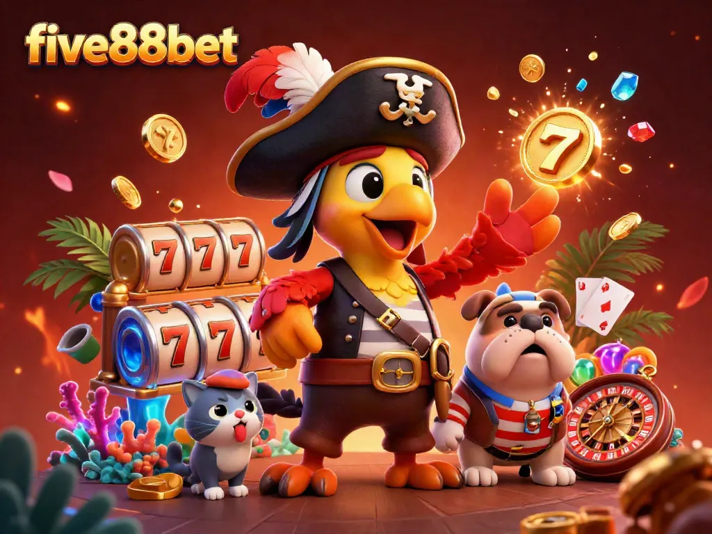 Experience thrilling moments at five88bet with a captivating pirate-themed casino scene, showcasing vibrant games and excitement.