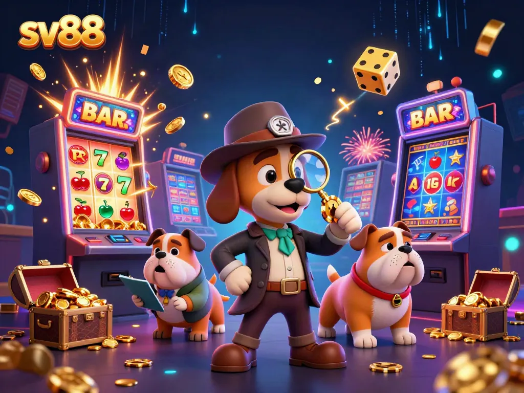 Experience endless winnings with sv88 illustrated by a detective and his bulldog uncovering casino treasures.