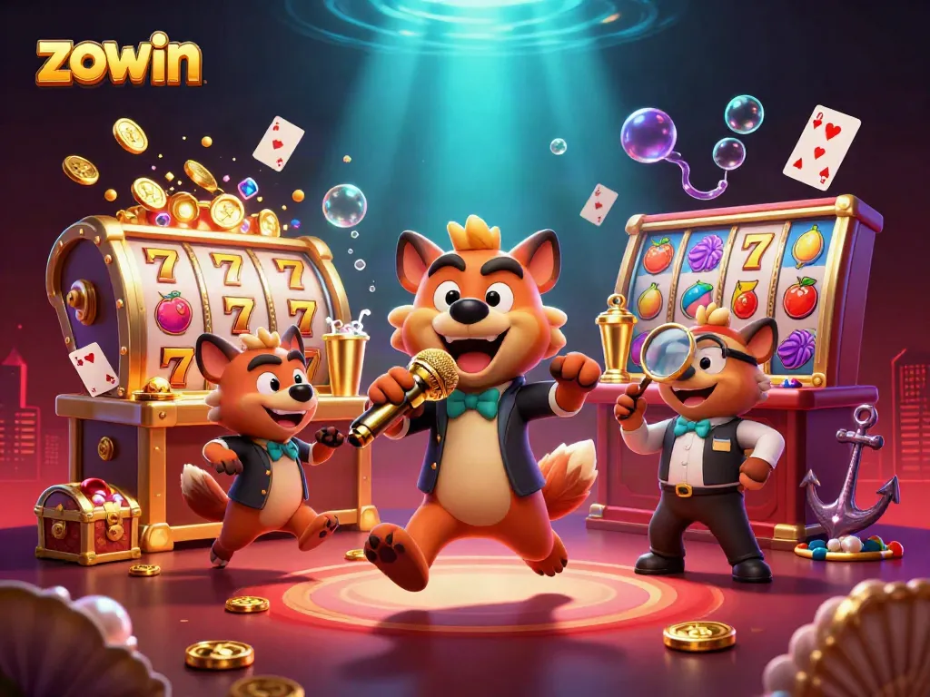 Zowin hyenas in a vibrant casino scene blending comedy with colorful slot elements.