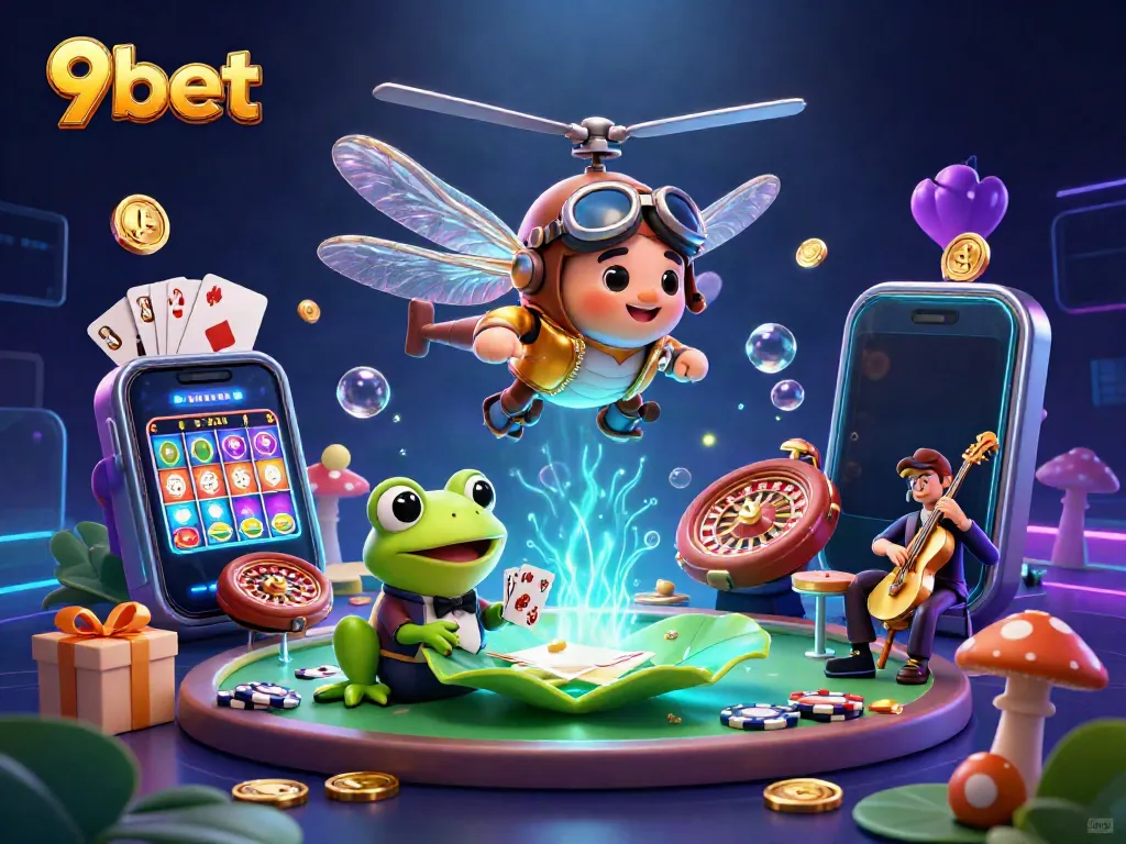 Play exciting games on 9bet with a vibrant casino scene featuring a dragonfly pilot and frog croupier.