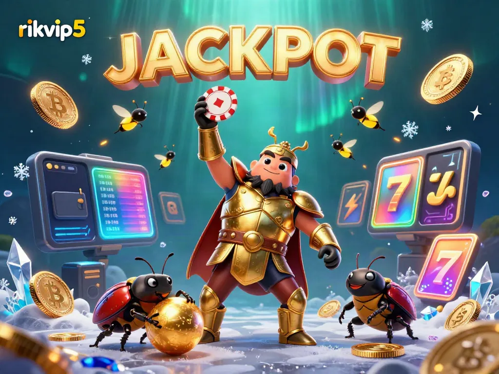Experience exciting wins at rikvip5 with a vibrant 3D illustration featuring dynamic gaming elements.