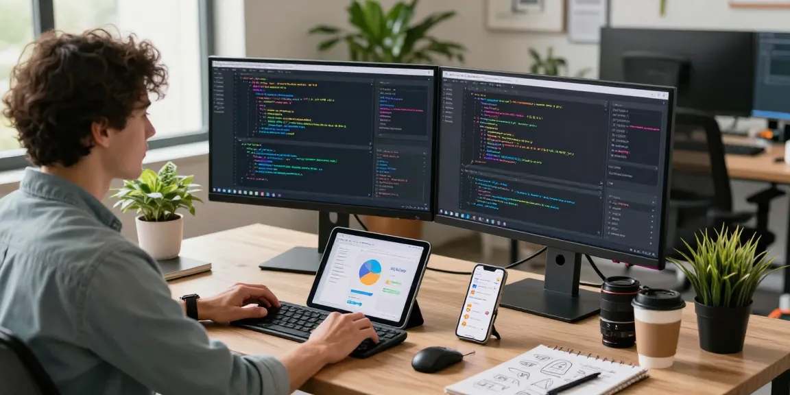 WPS Official Website digital workspace with developer coding, monitors displaying analytics, coffee, and modern decor.