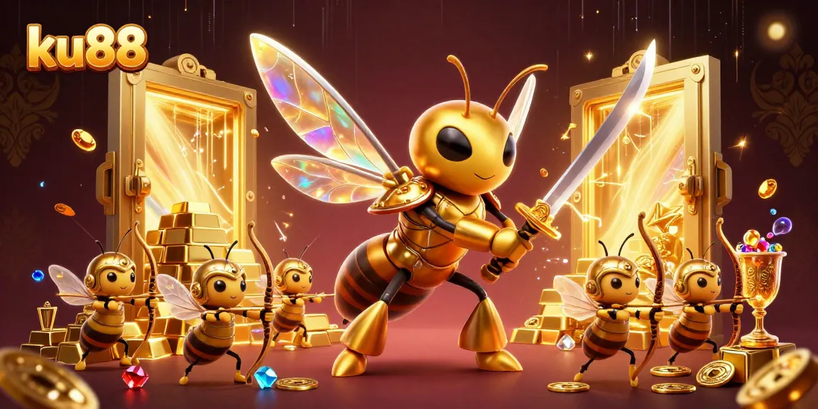 Join the action at ku88 with a golden hornet in samurai armor in an exciting casino illustration.
