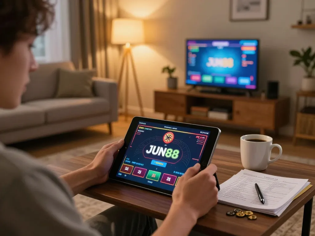 Engaged player enjoying online gaming at Jun88 with strategic notes and a tablet interface.