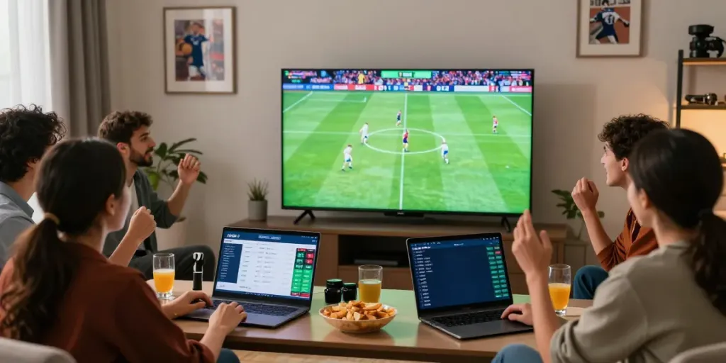 Friends enjoying online betting at FABET in a lively living room.