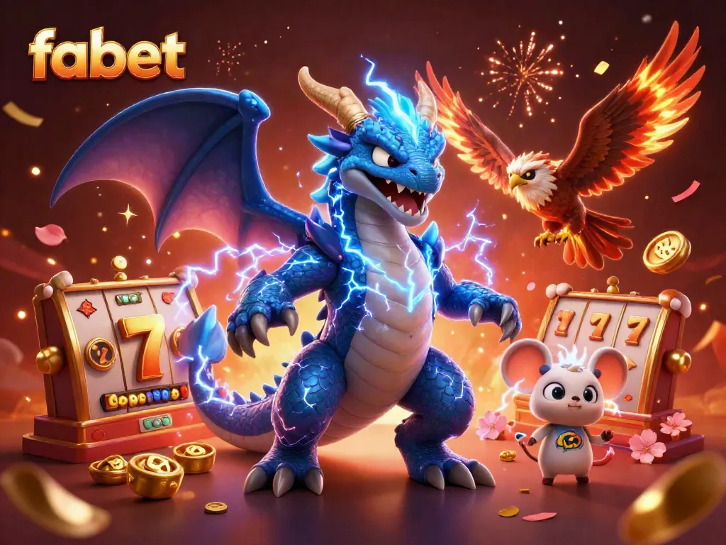 Join the excitement at fabet with a dynamic illustration featuring dragons, slot reels, and vibrant gaming elements.
