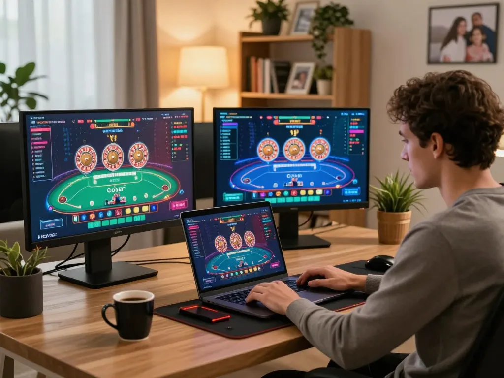 Player engaging in online gambling at 79KING's interactive platform from a stylish home office