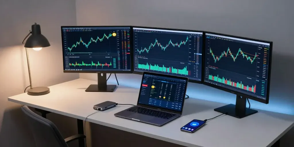 Bohemium AI crypto obchodní pracovní prostor s grafy Bitcoin a Ethereum, bezpečné digitální peněženky a DeFi platformy.