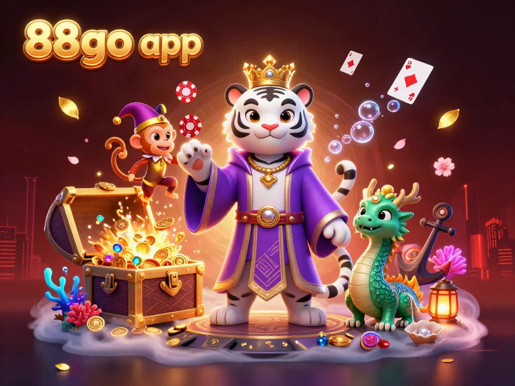 Engage with 88go app while a white tiger and monkey entertain in a vibrant casino scene.