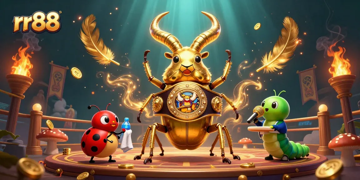 rr88 showcases a dynamic casino scene with a giant beetle champion and vibrant gaming elements.