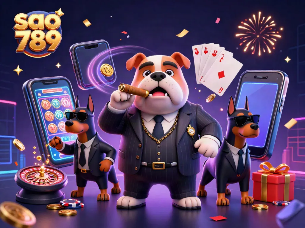 Savor the thrill of sao 789 casino with a vibrant 3D scene featuring a mafia boss bulldog, gaming elements, and dazzling effects.