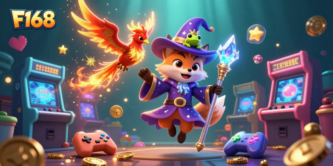 Experience thrilling gameplay at F168 with vibrant arcade machines and enchanting characters.