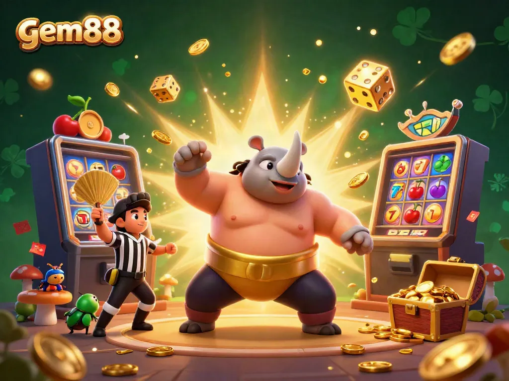 Experience the excitement of gem88 with a dynamic scene featuring a rhinoceros beetle champion in action, celebrating casino wins amidst golden coins and colorful game symbols.