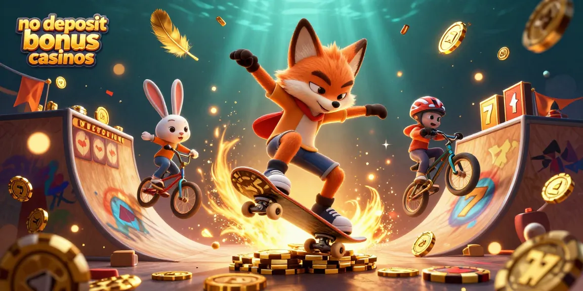 No deposit bonus casinos illustrated with a 3D fox and rabbit in a dynamic casino setting.