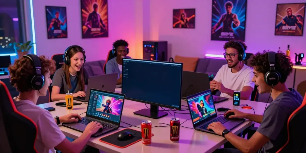 Engaged players enjoying Hitclub gaming platform in a vibrant home setting.