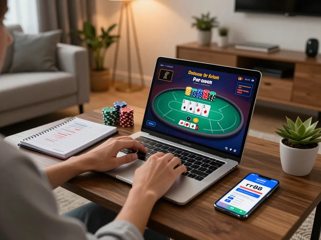 Person engaged with rr88 casino app on laptop in a cozy home gaming setup, emphasizing responsible gambling.