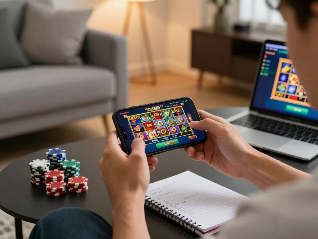 Pemain berpartisipasi dalam rokok88 slot login di smartphone, menikmati grafik permainan slot yang cerah di ruang tamu yang nyaman.
