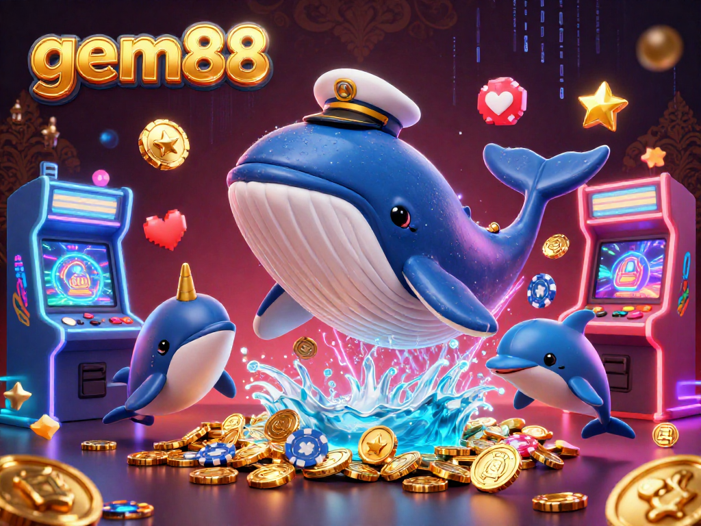 Experience the excitement of gem88 with dynamic characters and vibrant gambling elements in a rich 3D illustration.