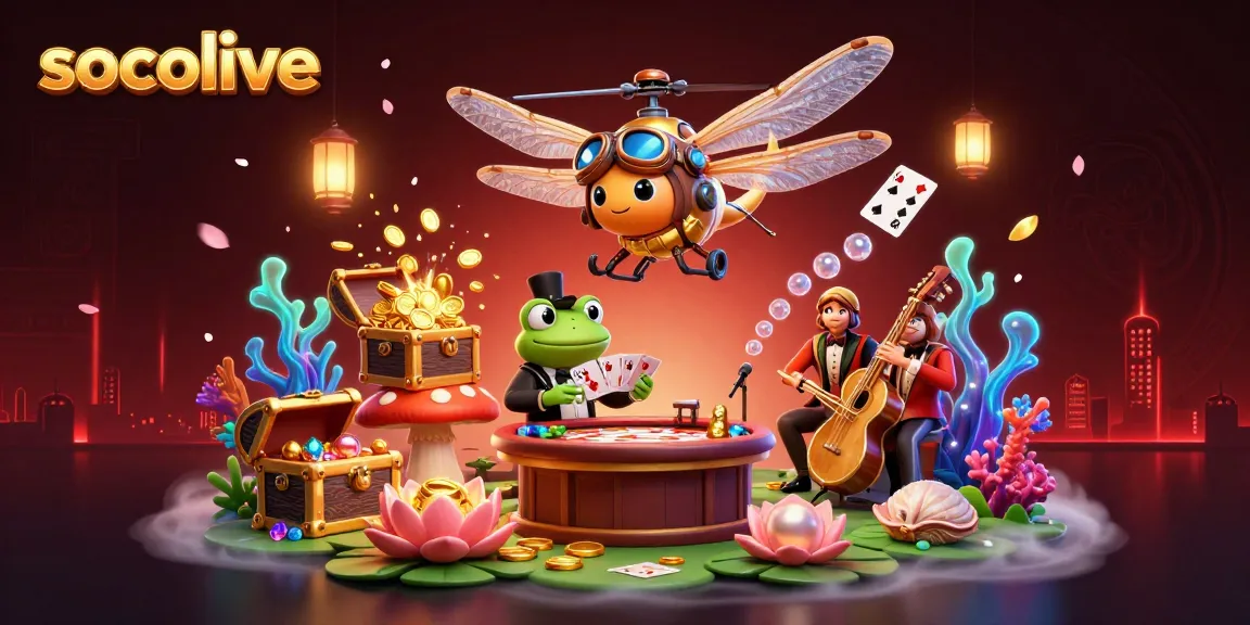 Socolive presents a vibrant casino scene with a frog croupier and cartoon dragonfly pilot, dealing cards vividly.