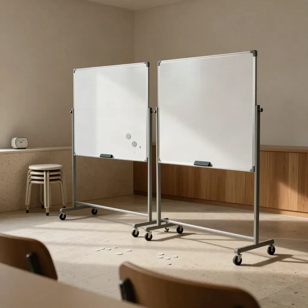 Prázdná místnost připravená na workshop s bílými tabulemi, stoličkami a jemným světlem.