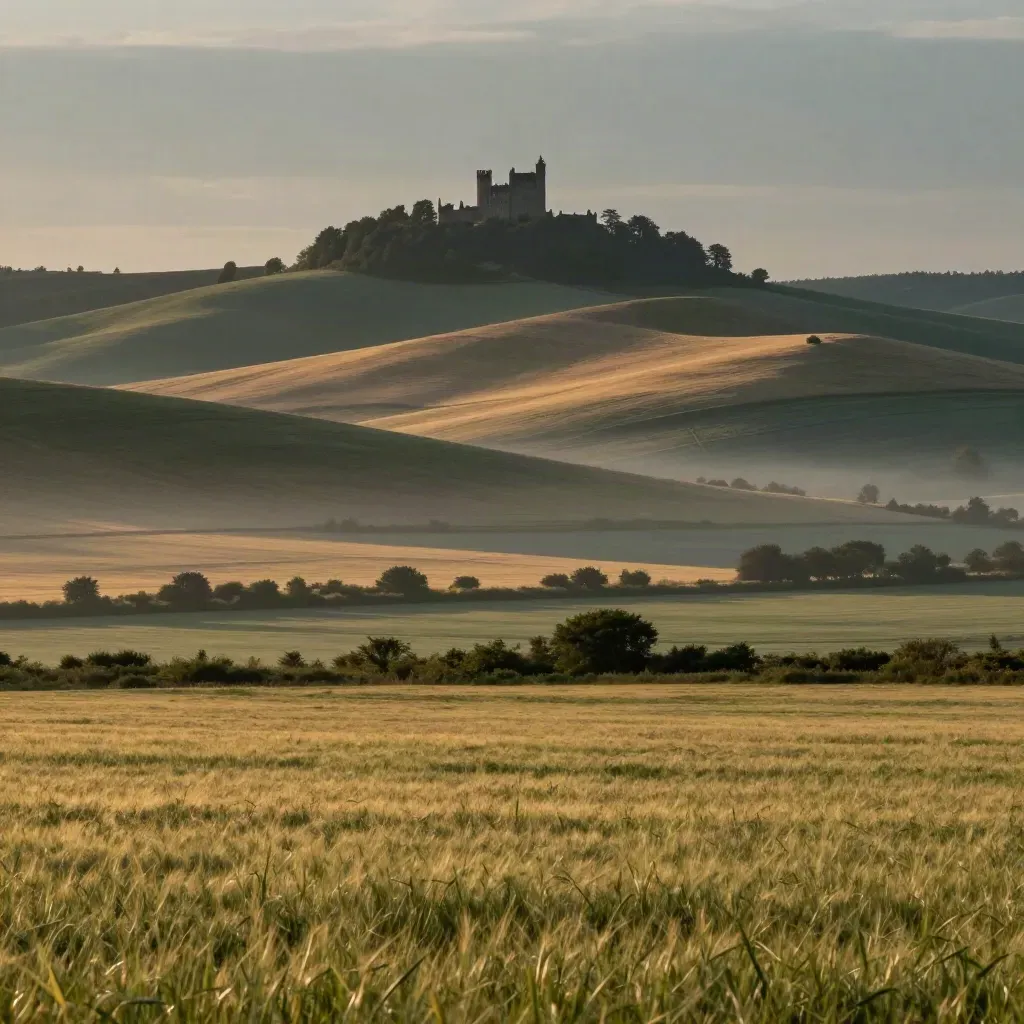 Hrad na kopci nad mlhavými poli ve středních Čechách při zlatém večeru.