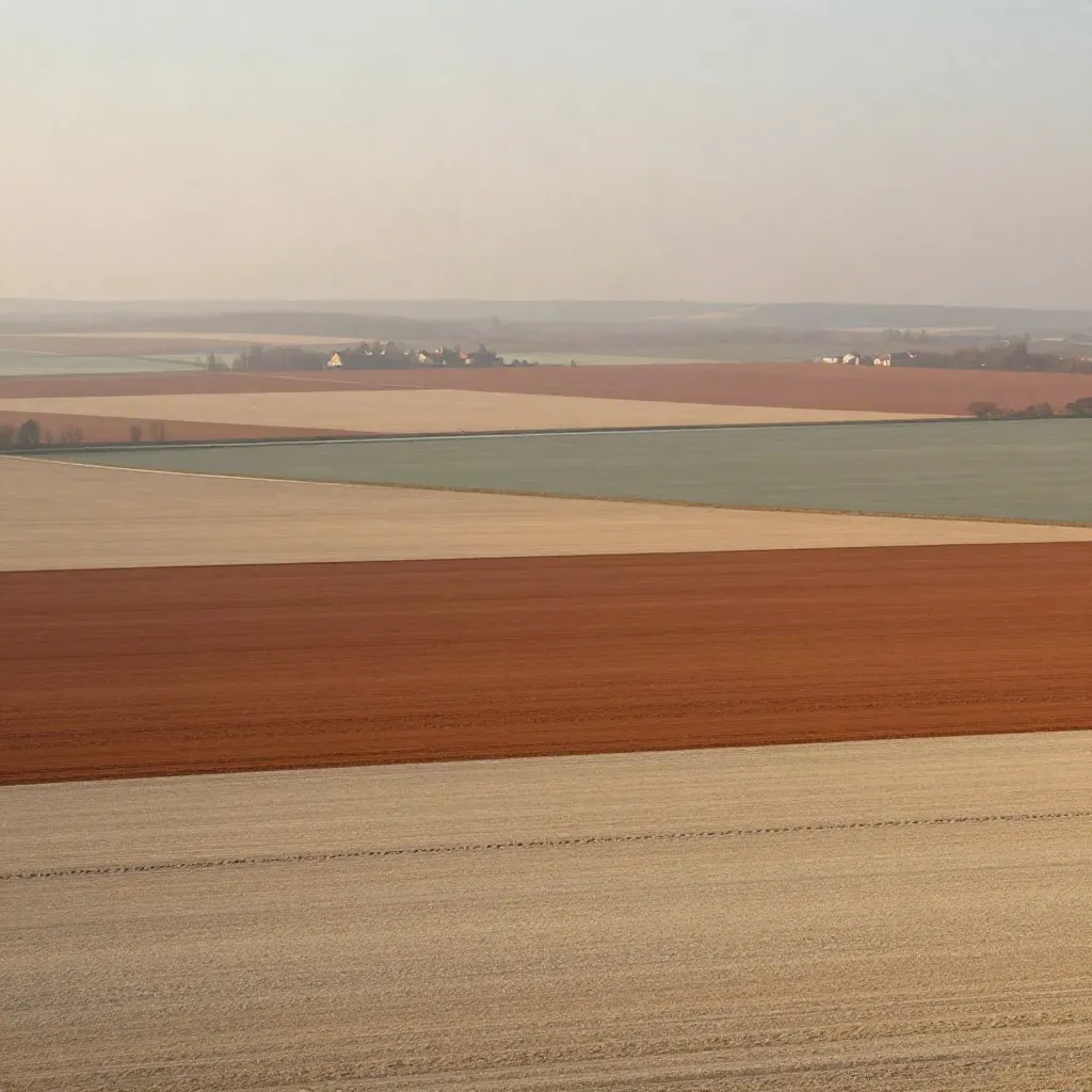 Abstraktní česká krajina s poli, řekou a mlhavými městy pod vysokým horizontem.