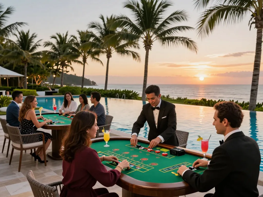 Engaging outdoor casino scene showcasing players enjoying XX 88 game under sunset ambiance.