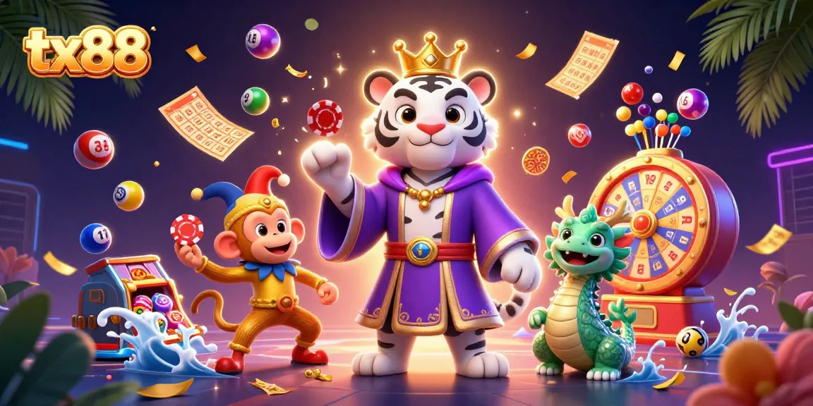 Engage in exciting games at tx88, featuring vibrant lottery elements and animated characters.