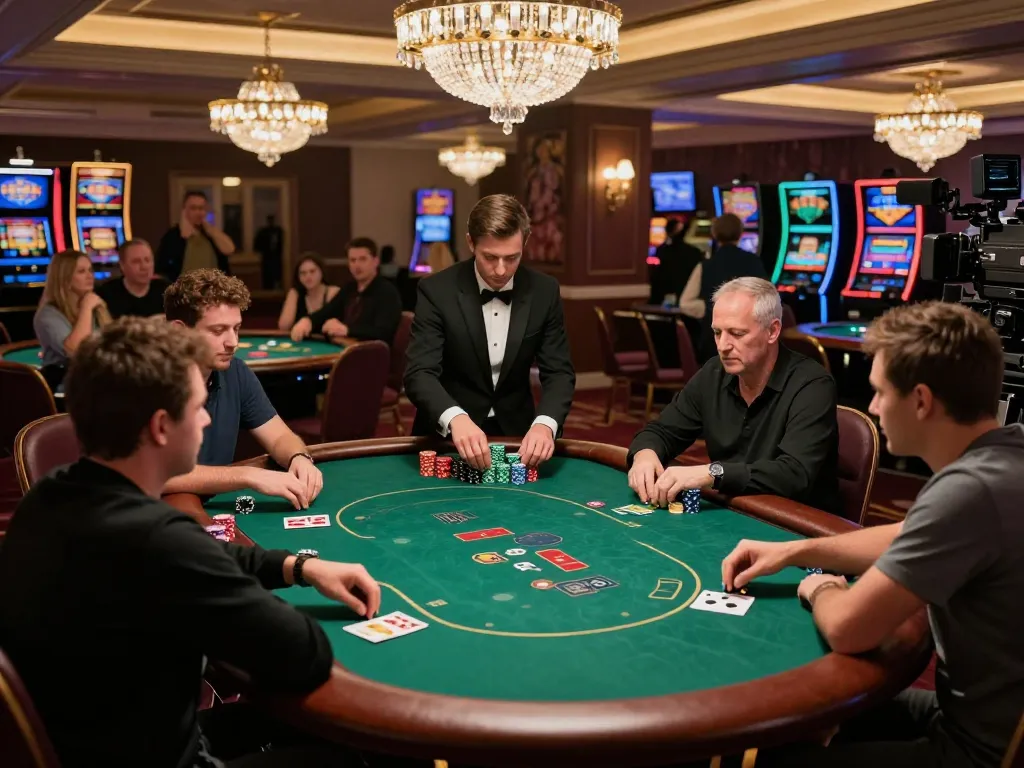 Players engaged in a thrilling poker game at QQ88, showcasing chips and cards in a luxury casino setting.