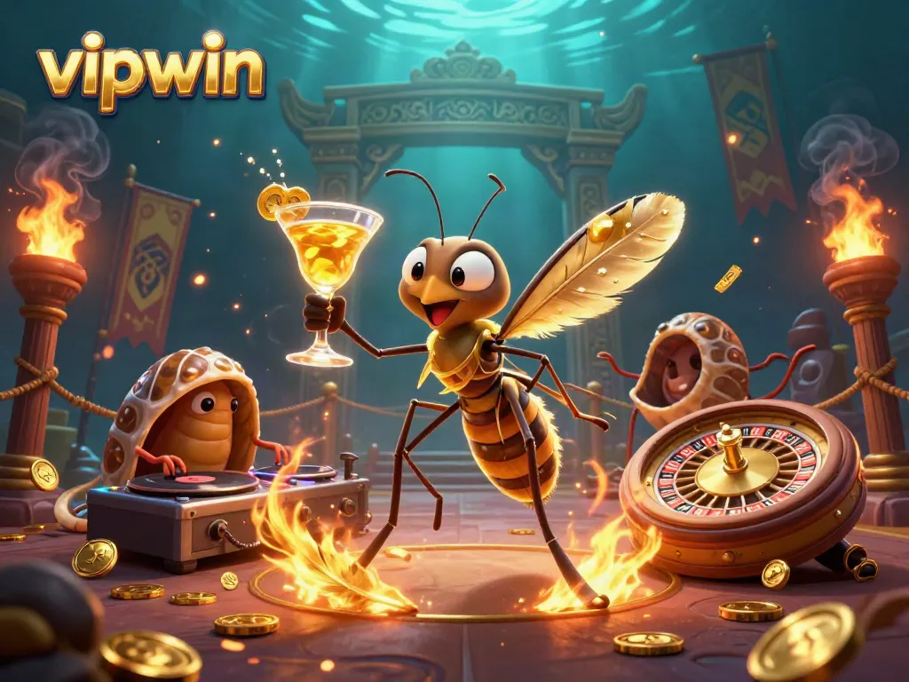 Engage with vipwin's exciting gaming world as the frozen-in-amber mosquito mascot holds a golden cocktail amidst dynamic casino elements.