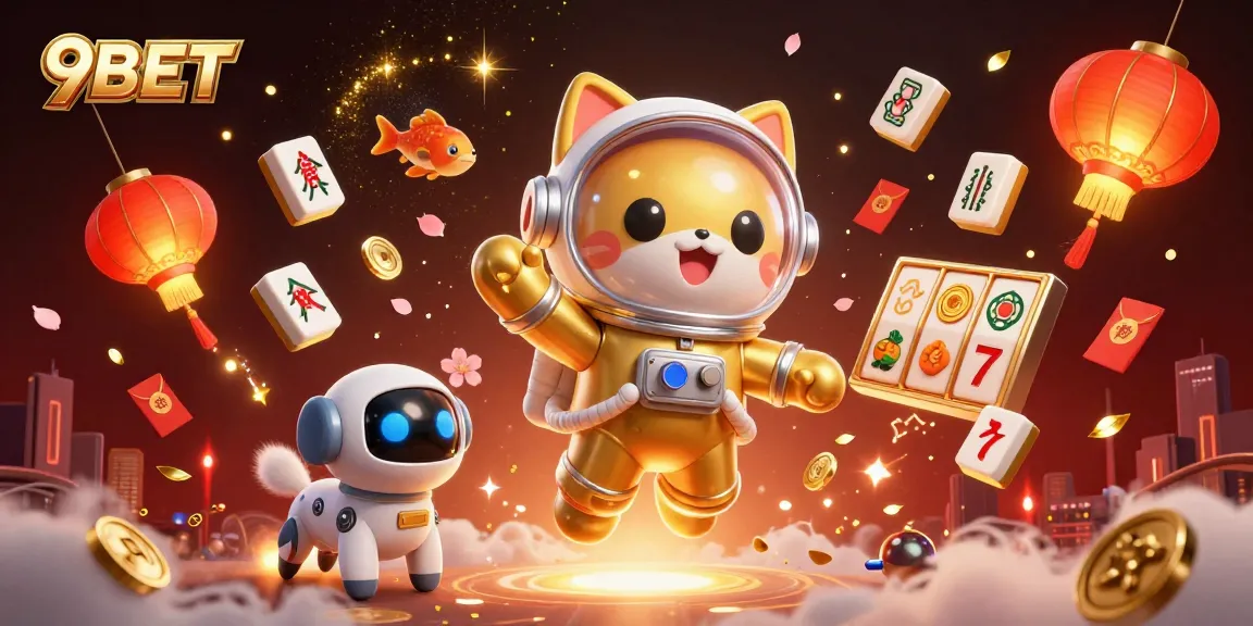 Experience an exciting scene from 9BET featuring a floating astronaut cat with gambling themes.