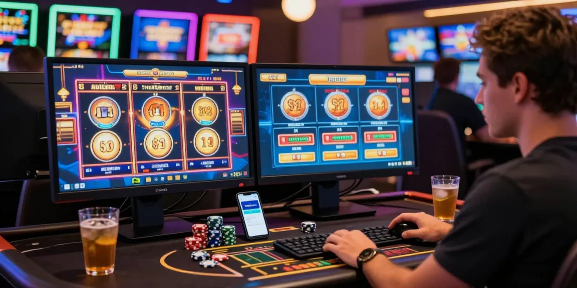 Spieler genießt Spiele in einem Paysafe Card Casino, lebendige Bildschirme und Casino-Chips auf dem Tisch.