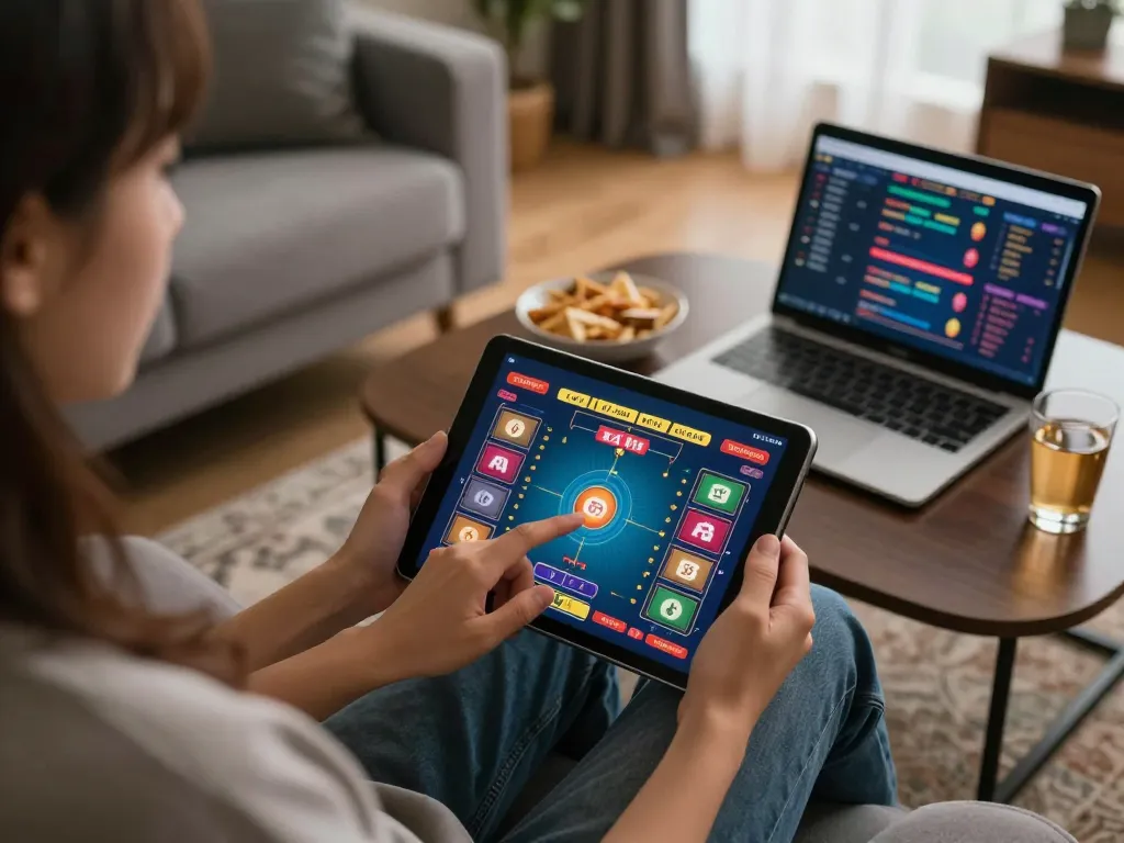Engaging Tài Xỉu 10 gameplay on a tablet, person betting in a cozy living room