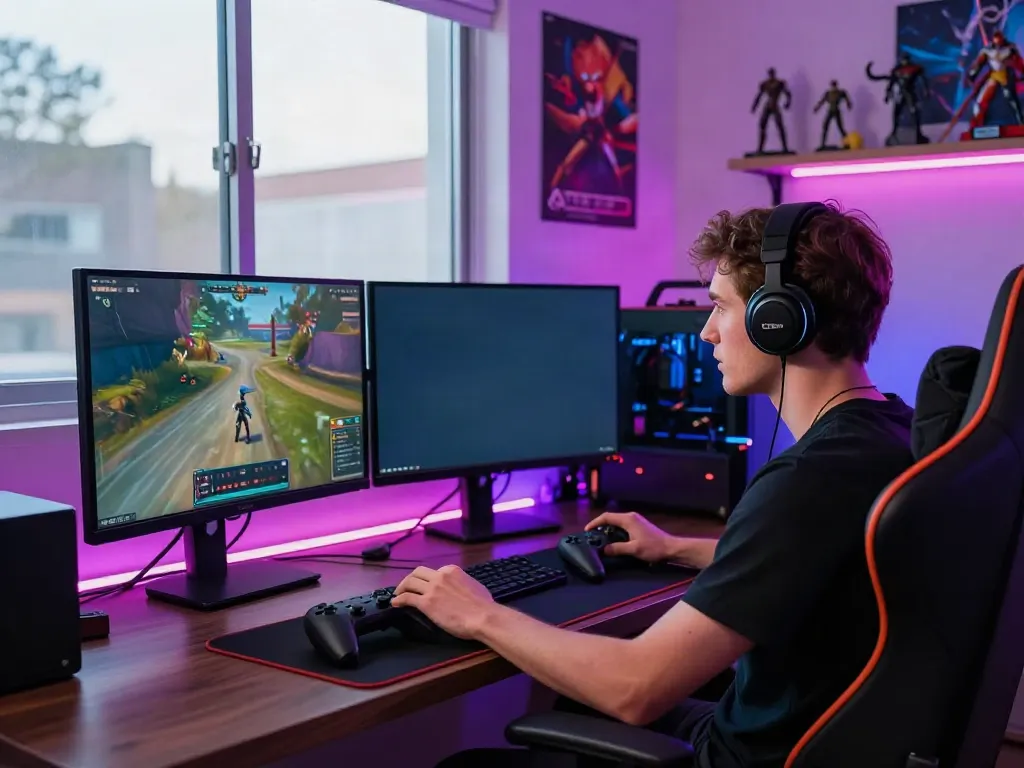 Gamer immersed in gameplay at https://manclub1.jp.net/ in a vibrant gaming room with LED lights.