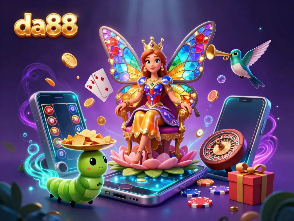 Experience the enchanting world of da88 with a colorful slot gaming illustration featuring a butterfly queen, chips, and glowing effects.