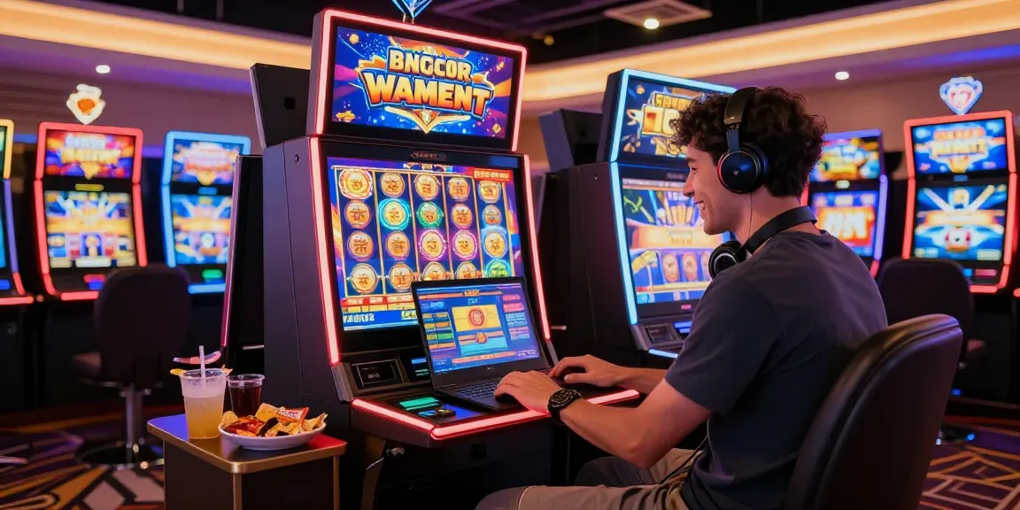 Exciting gaming atmosphere featuring slot gacor, player engaged with laptop gaming experience.