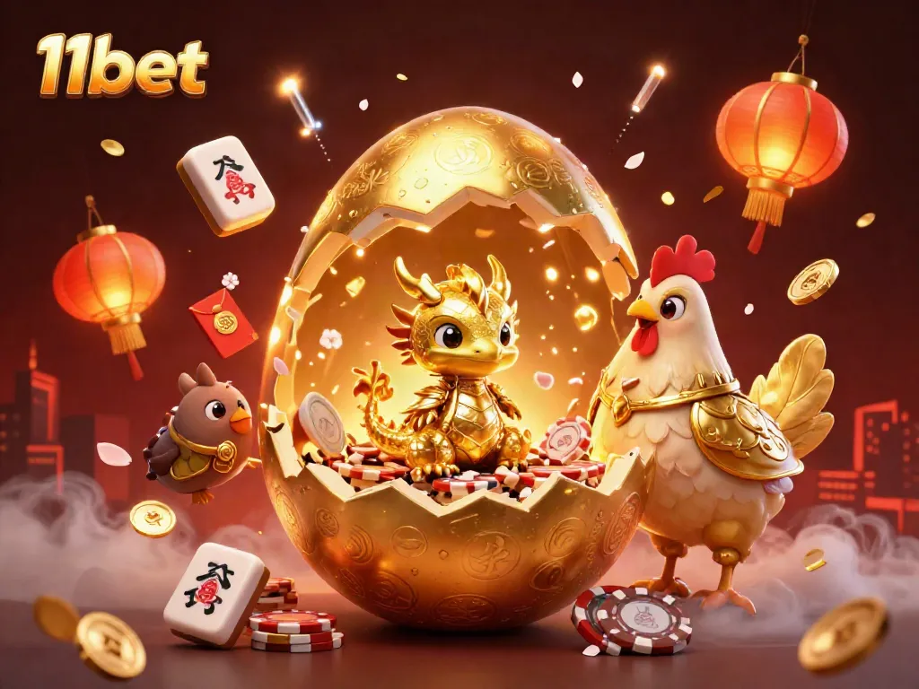Experience the thrill of 11bet with a golden dragon amidst festive casino elements.